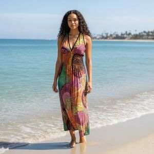 Boho Halter Maxi Dress Smocked Waist Multicolor Paisley Size L